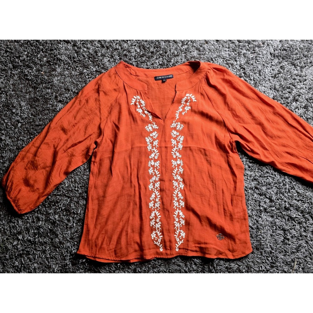 Adrienne Vittadini Womens Burnt Orange Embroidered Peasant Blouse Large VW33947